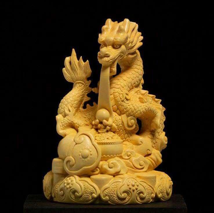 黄楊彫刻ボールを持つ昇り龍風水置物(整理番号:AH13)